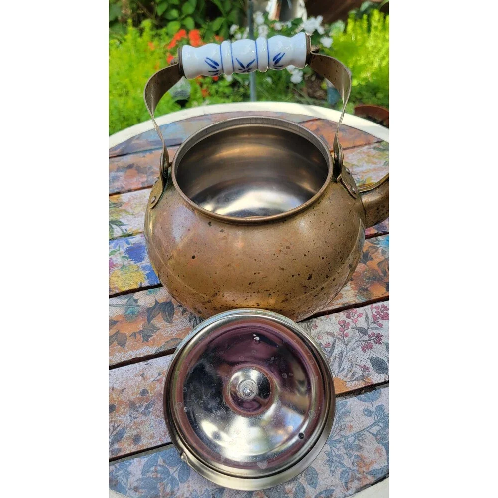 Copper Tea Kettle with Delft-Style Porcelain Handle - Farmhouse Kitchen Decor